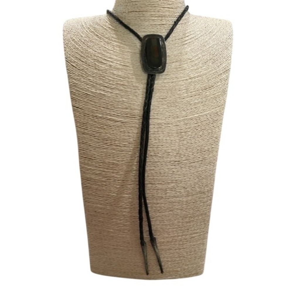 Vintage Sterling Silver 14K Gold Bloodstone Bolo Tie Western Braided Leather